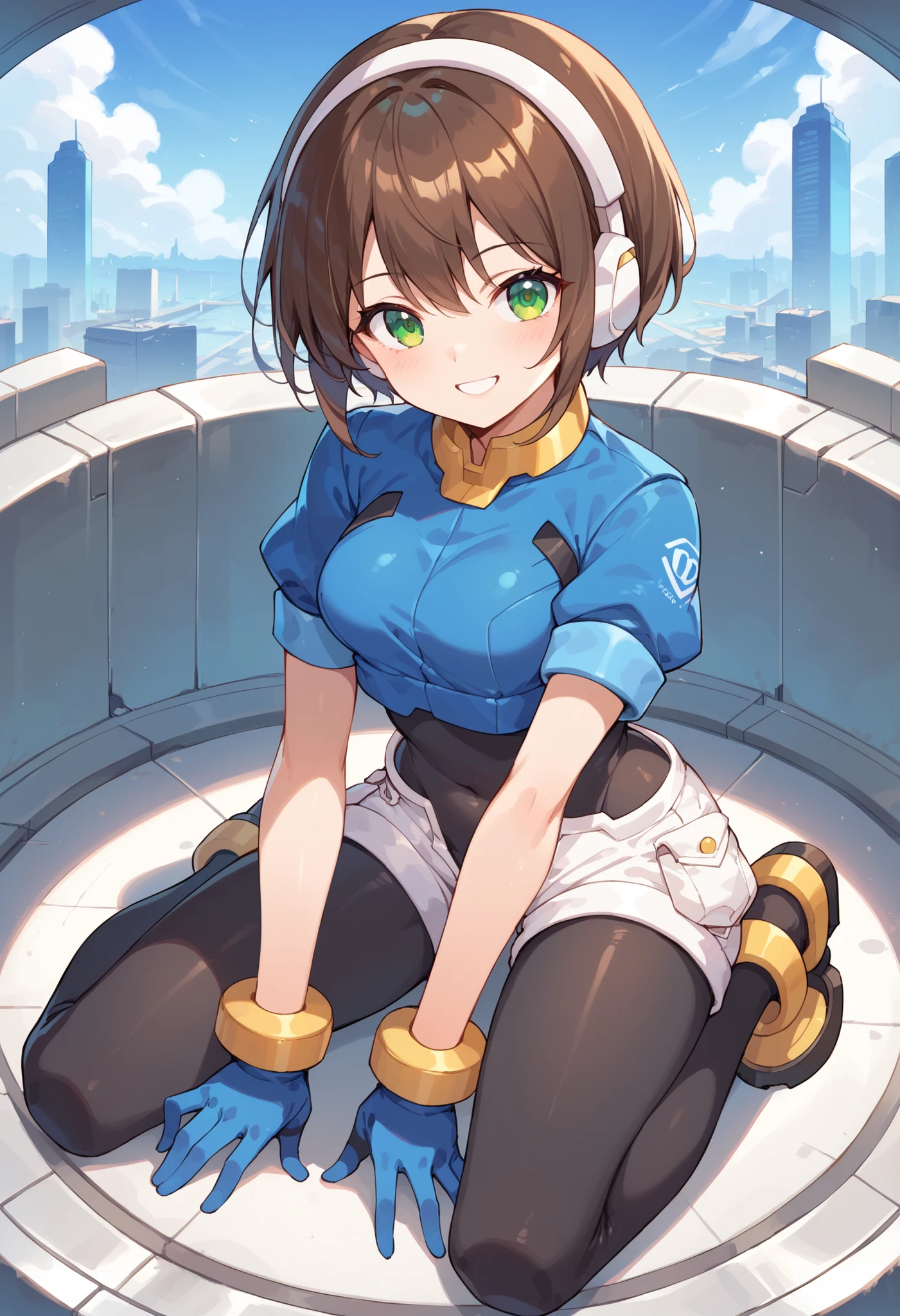 masterpiece, best quality, integrated scenery, integrated background, extremely delicate and beautiful, meticulous details, good composition, , cute face, perfect face, perfect hands, aile (\megamanzx\), ,BLAKE, 1teen_young_girl, solo, bob_hair, brown hair, short_sleeves_blue_shirts,bodysuit, robot ears, green eyes, short_shorts, short sleeves, short over long sleeves, smile, in futuristic city, high quality, medium_breasts,crotch,,raising_arm,kneeling,bodysuit_midriff