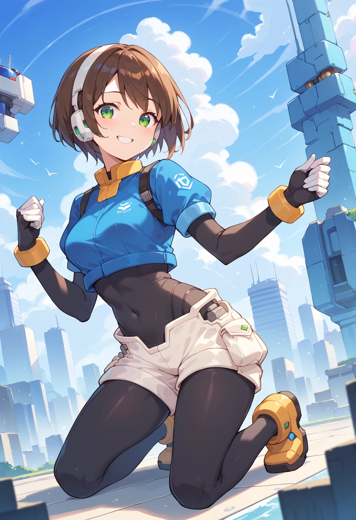 masterpiece, best quality, integrated scenery, integrated background, extremely delicate and beautiful, meticulous details, good composition, , cute face, perfect face, perfect hands, aile (\megamanzx\), ,BLAKE, 1teen_young_girl, solo, bob_hair, brown hair, short_sleeves_blue_shirts,bodysuit, robot ears, green eyes, short_shorts, short sleeves, short over long sleeves, smile, in futuristic city, high quality, medium_breasts,crotch,,raising_arm,kneeling,bodysuit_midriff