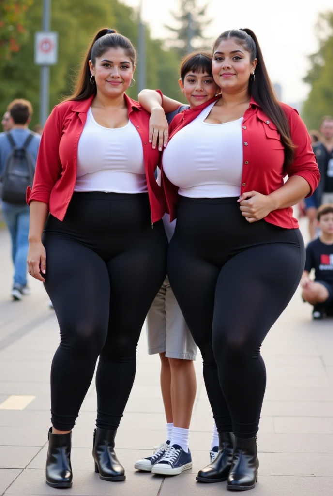 A 35 years old woman and her handsome husband walking in the park, the woman has a Face like Victoria Principal, wearing a top slipping from her shoulder, business trousers, extremely huge saggy breast, slim waist, wide hips, (full person view, from head to toe), mild smile