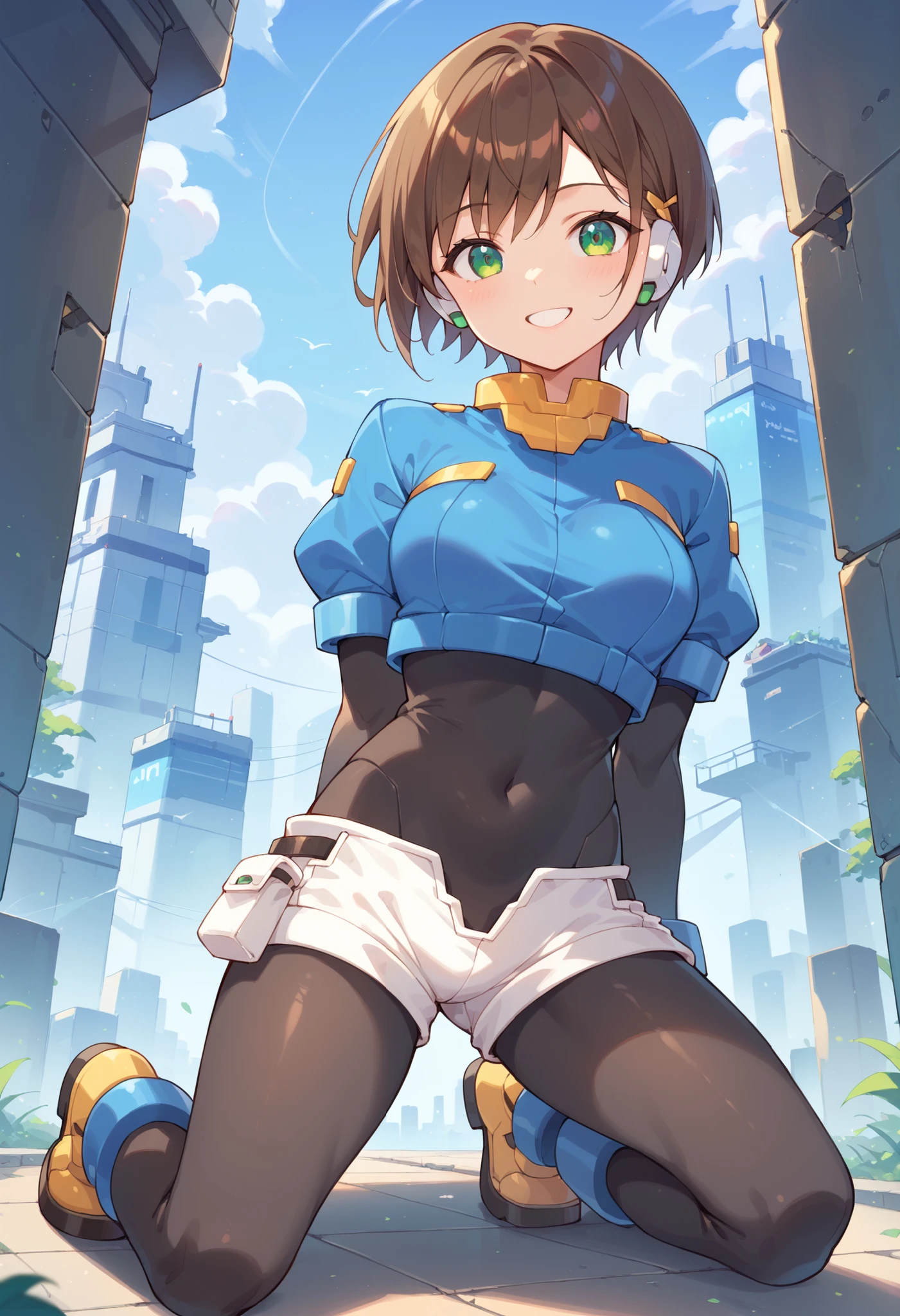 masterpiece, best quality, integrated scenery, integrated background, extremely delicate and beautiful, meticulous details, good composition, , cute face, perfect face, perfect hands, aile (\megamanzx\), ,BLAKE, 1teen_young_girl, solo, bob_hair, brown hair, short_sleeves_blue_shirts,bodysuit, robot ears, large_green_eyes, short_shorts, short sleeves, short over long sleeves, smile, in futuristic city, high quality, medium_breasts,crotch,raising_arm,kneeling,bodysuit_midriff,half_round_eyes