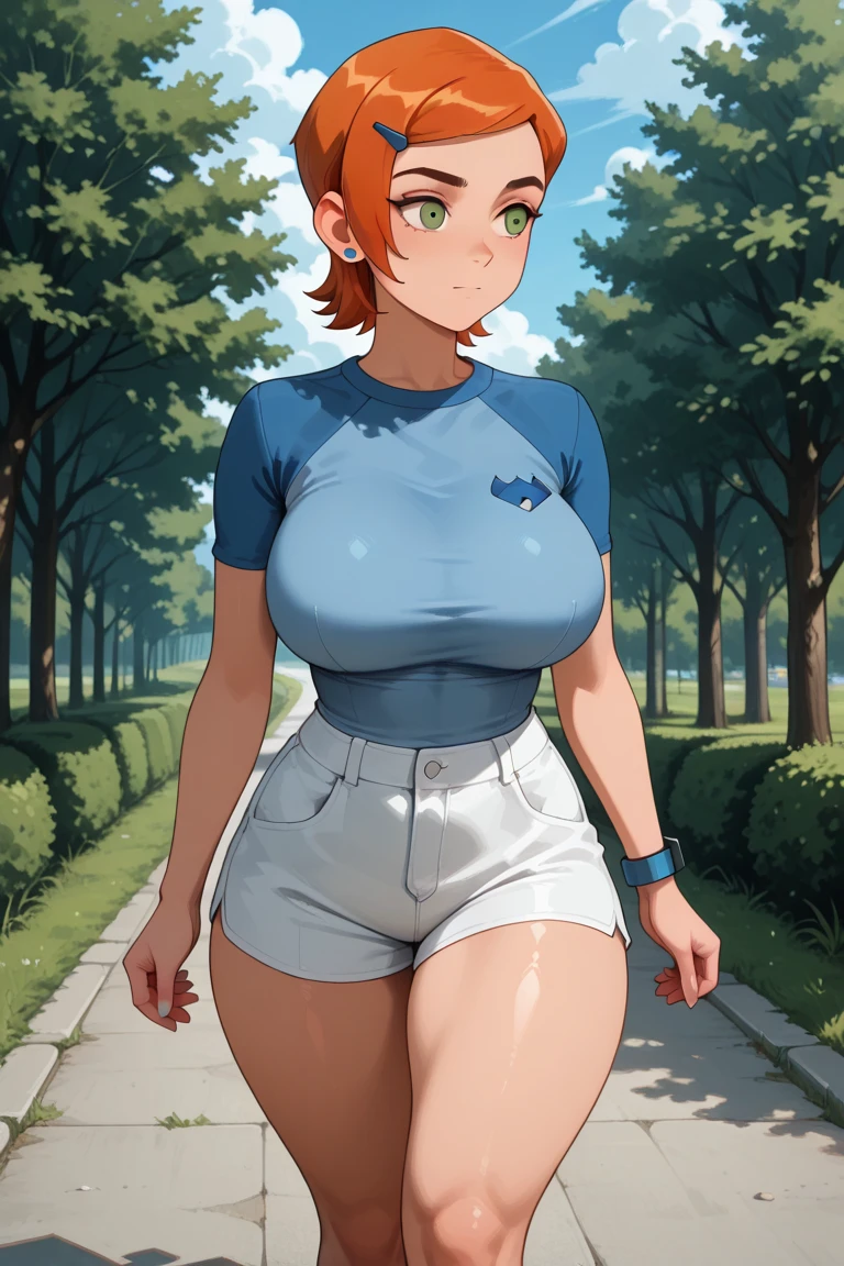 a young woman standing and in front, 1girl, solo, orange shoes, navel, navel piercing, Cute woman, beautiful short orange hair, short orange hair with bangs, pale skin, orange shirt, blue mini shorts, smile, attractive look, mature face, deep slanted eyes, chubby body, chubby, defined biceps, thick legs, slim waist, full body, full body, big breasts, big breasts, (best quality,4k,8k,highres,masterpiece:1.2), ultra-detailed, (realistic,photorealistic,photo-realistic:1.37), long socks