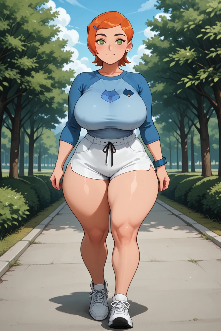 ((Masterpiece)), perfect anatomy, perfect shading, field of depth, (best quality), extremely delicate and beautiful, perfect lighting, detailed face, ultra cute face, cute, (cowboy shot 1.2), full body, (((1girl))), ((solo)), looking at viewer,
medium hair, ponytail, fluffy hair, brown hair, green eyes, freckles, ((blush)), sweat, worried, nervous, (red shirt 1.5), Tied up shirt, (jean shorts 1.2), baseball cap, belt, medium breasts, perky breasts, (wide hips), ((thick thighs)), pudgy,
evening time, forest, walking, arms crossed, intricate background, detailed background,