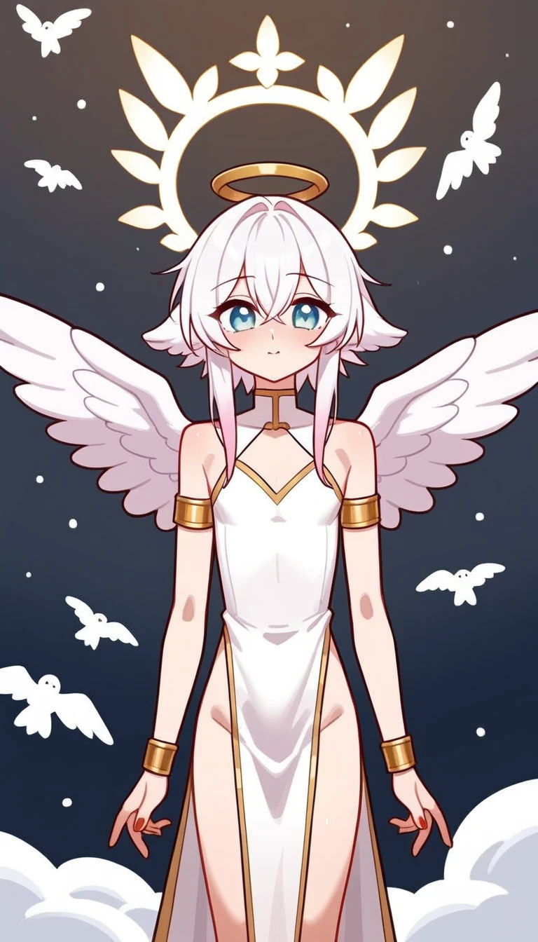 girl,Completely naked, ((flat chest)),slender, In to stage,long hair,(loli),danceing,white hair,angel wings,(((Masks that hide the entire face))),