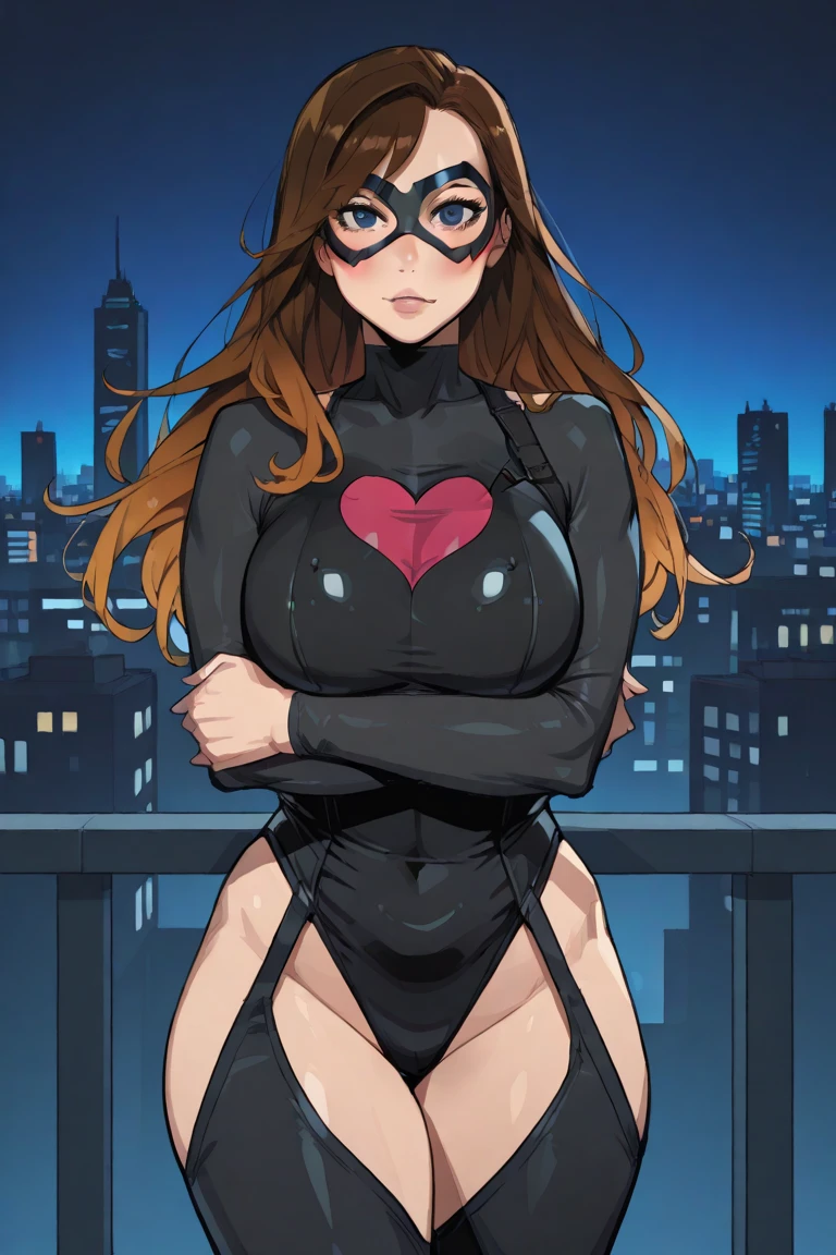 1 woman, long hair, large breasts, ((detailed eyes:1.2, brown eyes)), ((superhero outfit, fishnets, underboob)), nsfw, sexy, sensual, masterpiece, top quality, best quality, official art, beautiful and aesthetic:1.2), extreme detailed, colorful, highest detailed