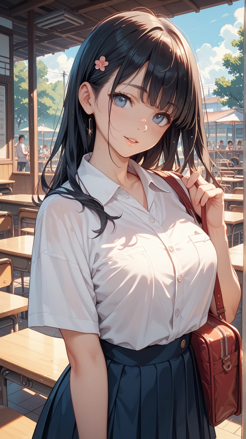((POV))), (((High school uniform: 1.2)))), ((Look up at me))), (Shy look: 1.2)))), (18 years old, neat girl))))), (ponytail in high position, wavy hair, brown hair, bangs flowing diagonally), medium long hair, scene seen from above, (((upper body shot: 1.2)), (focus on chest and face), (( Very intimate relationships: 1.2)), ((medium large breasts)), (Upturned breasts), (((In the classroom where the setting sun shines: 1.2)), ((Sitting opposite her on the school chair the curtains fluttering in the wind)), ((She is lifted her chin)), (Staring at me)), Highly detailed face and skin texture, Detailed eyes, Double eyelids, Natural cheeks, Blue eyes, (((Moist eyes: 1.3)), shiny little necklace and earrings, shiny lips: 1.4, accurate, anatomically correct,