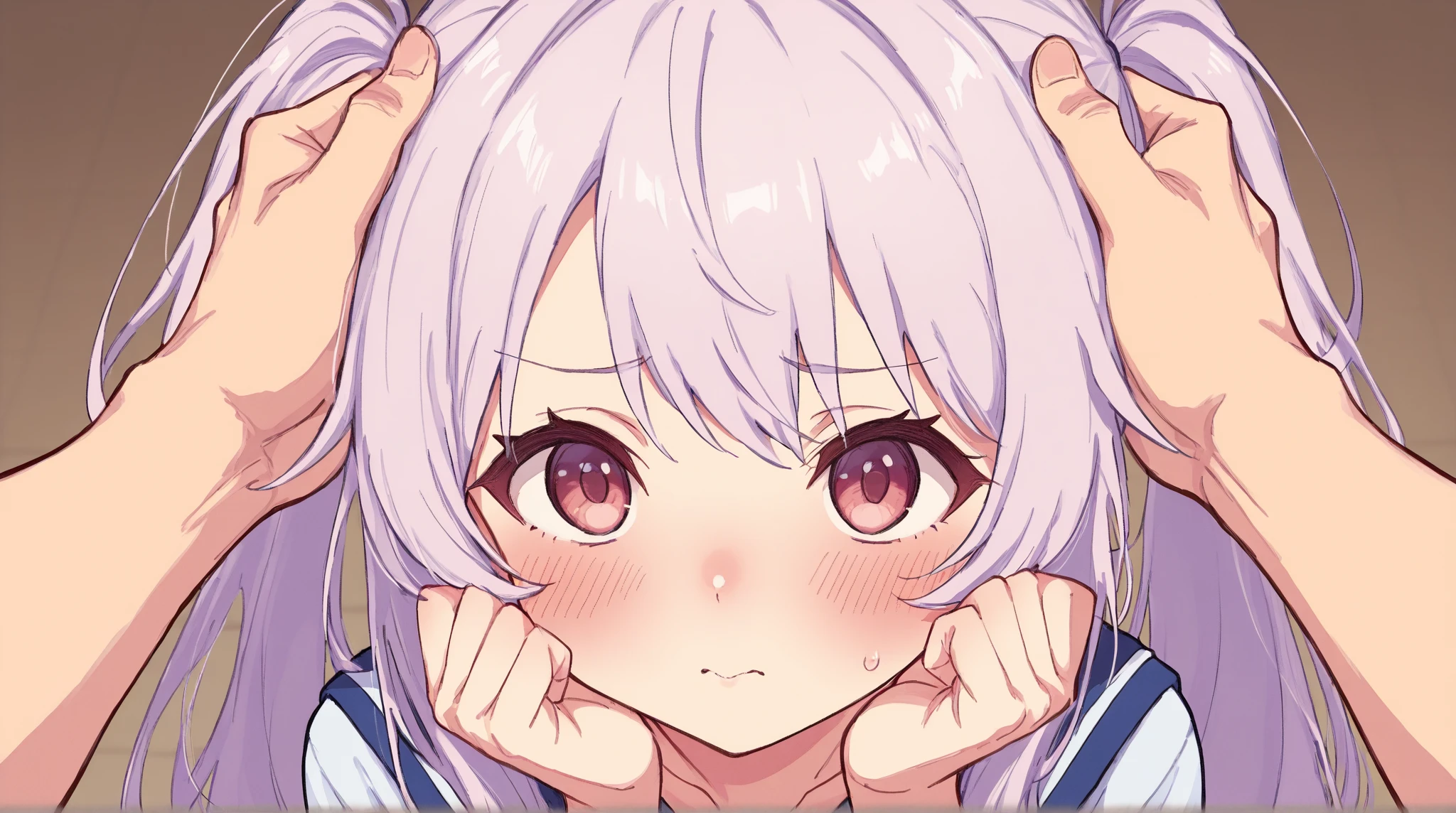 large breasts、wet.arms、looking at viewer、cowboy sot,(((overhead shot)))), ((((1girls/2boys))), spoken 〇〇、nsfw, penis, pussy, under boob,erect nipples present in the indoor pool,Sex between men and women、sketch、Purple Hair、She has a small ribbon on her head、Big Tits、doggystyle、sex
