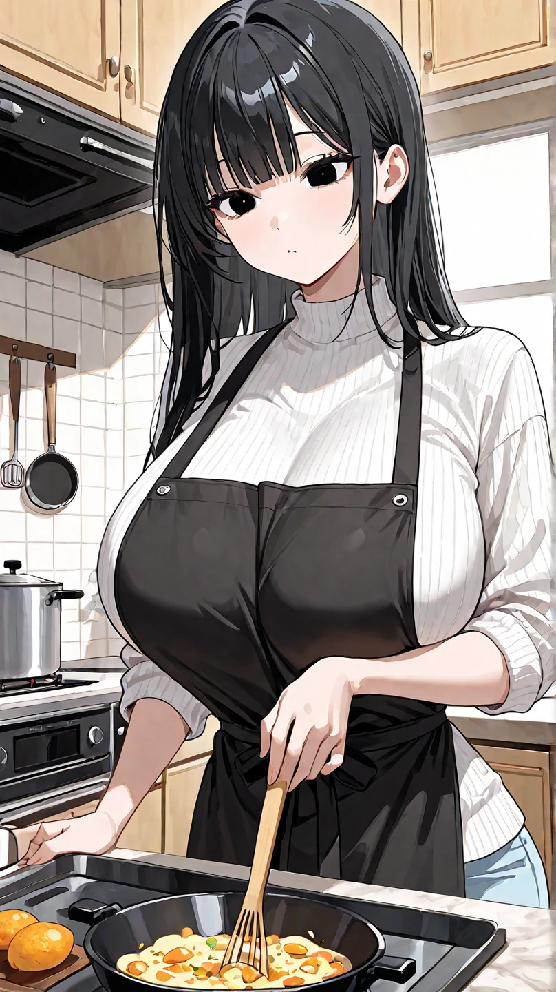 (Mature Woman:1.5), (mother:1.5), Ishtar, Fate Grand Order, (absurderes, 8K, 4K, masutepiece, hyper extreme detailed:1.2), Best Quality, Perfect Anatomy,Perfect face,Facing forward,High humidity, (alone:1.2), (Sweaty:1.3), shortness of breath, High humidity, humid, (Black Hair:1.1), Red eyes, Looking into the camera, (Very large breasts:1.5), Light clothing, apron, (kitchen;1.1), (Having a conversation:1.5), (Speech bubble:1.2), A kind smile, relief, peace of mind, mother性, Cooking, have a ladle, pot, pot-au-feu, choker, necklace