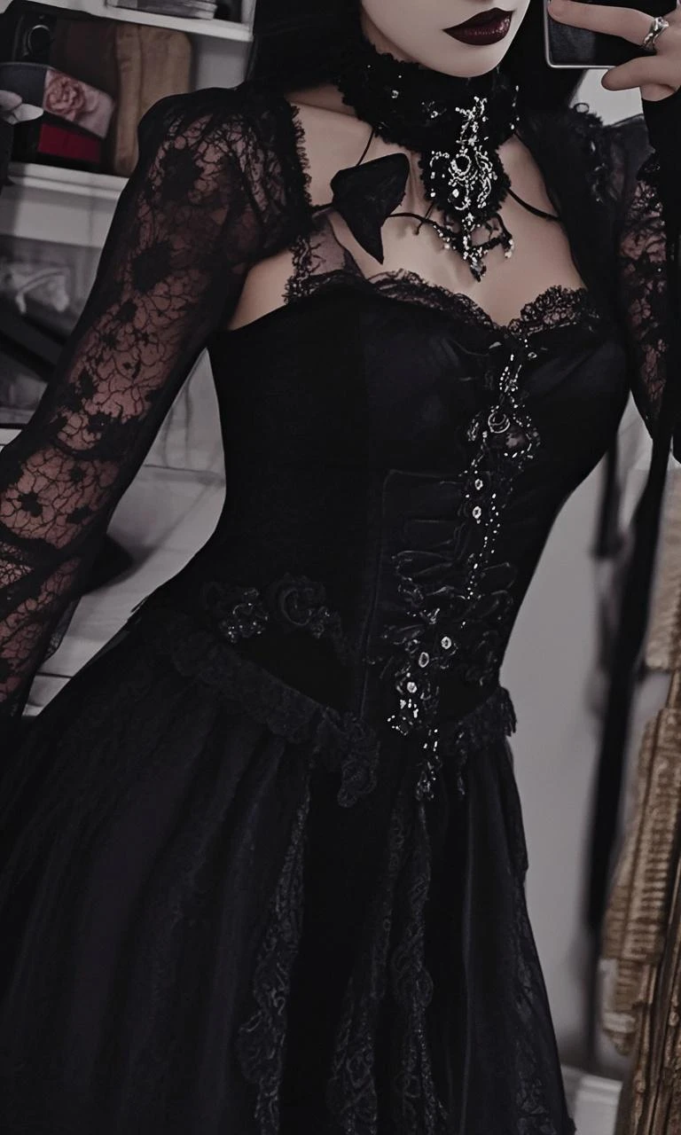 there is a woman taking a picture of herself in a mirror, goth girl, she is wearing a black dress, wearing a gothic dress, wearing black dress, wearing a black dress, very sexy outfit, young beautiful, dark dress, wearing a dark dress, wearing a black bodysuit, black outfit