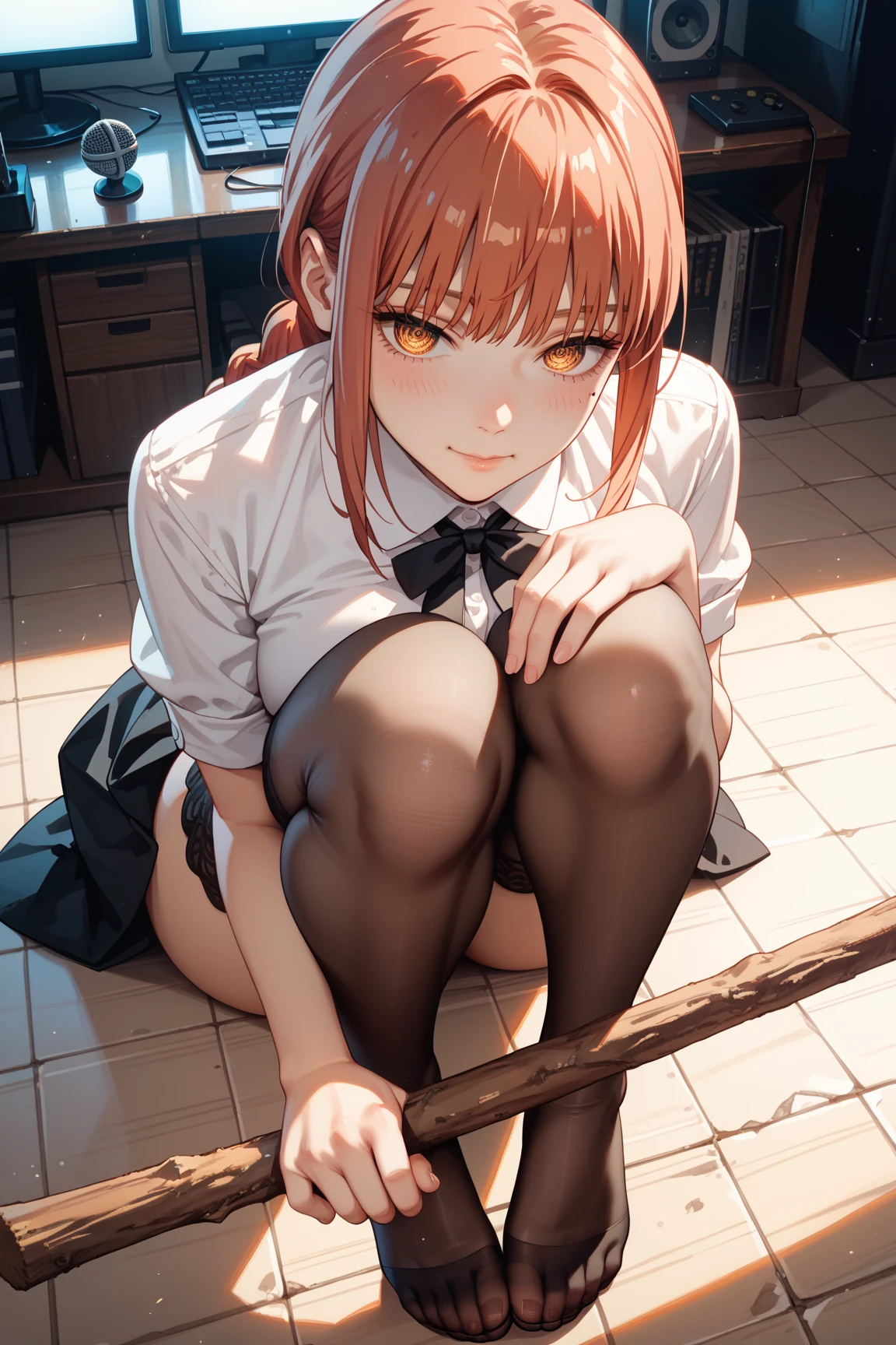 newest,Anime female characters, masterpiece, best quality,1girl, makima \(chainsaw man\), chainsaw man,Sexy thighs, Look from the feet, Soles, , very beautiful、Flesh-colored suspender stockings