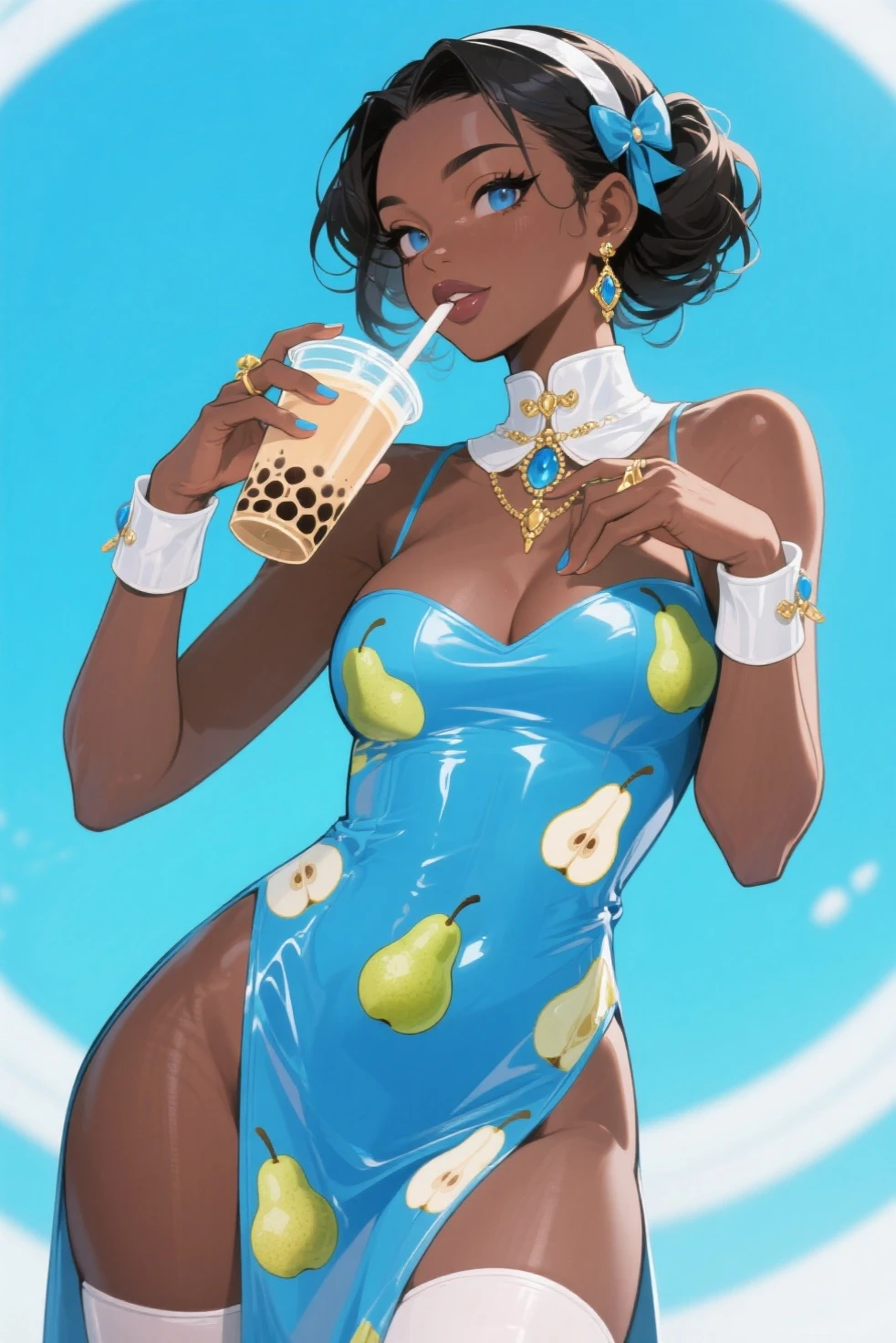 Melhor qualidade, 8k, mulher,black skin,black hair, lindo,big eyelashes, looking to observer, little smile, rabbit ears tiara, decote,white militar camouflage leotard over brown shiny nylon bodystocking, holding a beer can, florish forest scenario