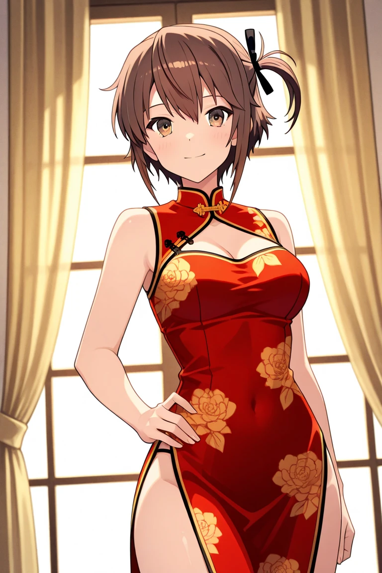 <lora:mika_iizuka_v1:0.8>mika_iizuka, small breasts, purple eyes, twintails, chinese dress, cleavage, side slit, solo, japanese_house, standing, masterpiece, best quality