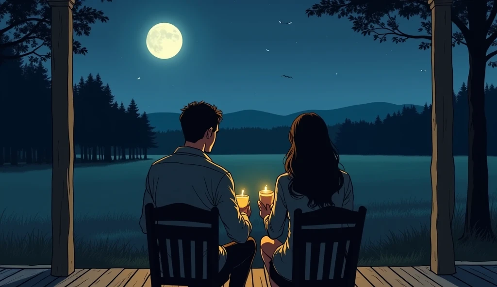 A couple is romancing across the camp on the mountain. The women are without clothes and have big hips. It is night and a fire is burning.