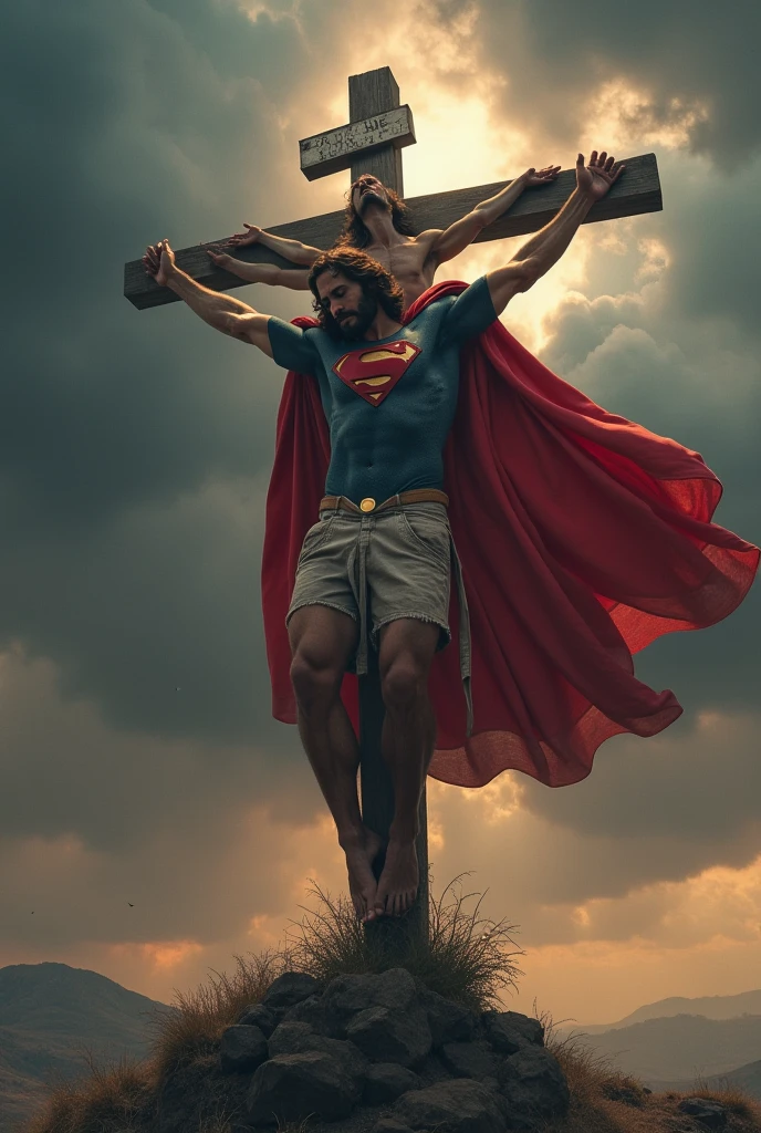 Superman trying to lift the cross of Jesus