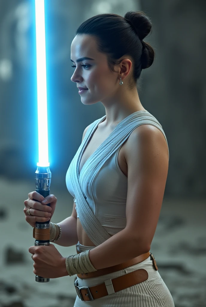cinematic film still jedi rey, pale pistachio lightsaber, at fountain . shallow depth of field, vignette, highly detailed, high budget Hollywood movie by luca guadagnino, bokeh, cinemascope, moody, epic, gorgeous, film grain, grainy