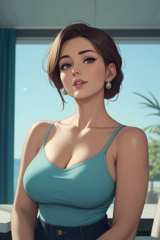 Very sexy mother, with black, low-cut clothing and a very large bust, seducing your son