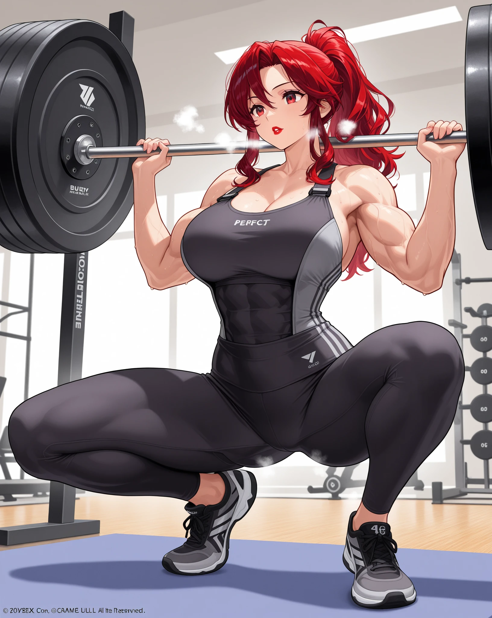 ((jump rope)), twintails, ginger hair, short hair, black eyes, large breasts, abs black gloves, black tank top, black yoga pants, black scrunchie, indoors, gym, tiled blue floor, standing