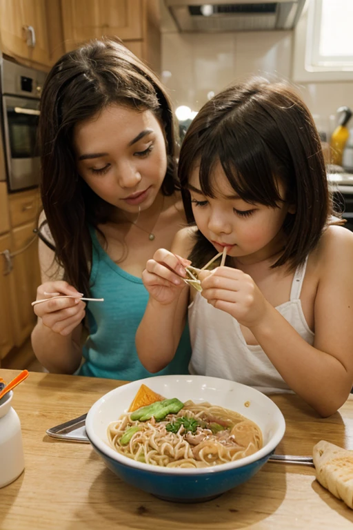 Fork in left hand, noodles in right hand, yellow hair and blue eyes on the back