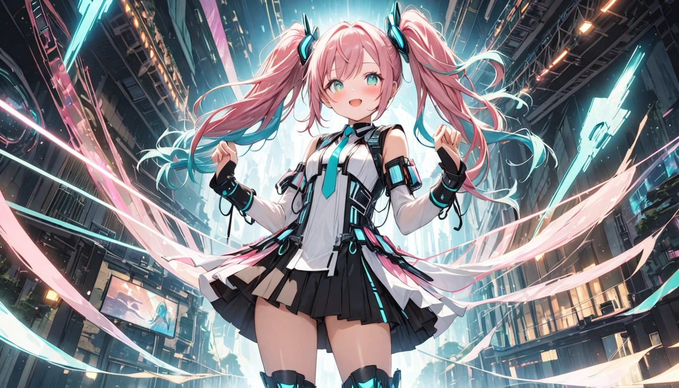 (Highest quality,8k,32K,masterpiece,Ultra-high resolution :1.2 ),born,One girl,Super cute,Natural light,Clear, shining eyes,20-year-old,Fair skin,Electronic world fantasy background,Pink Hair,Pink costume like Hatsune Miku,