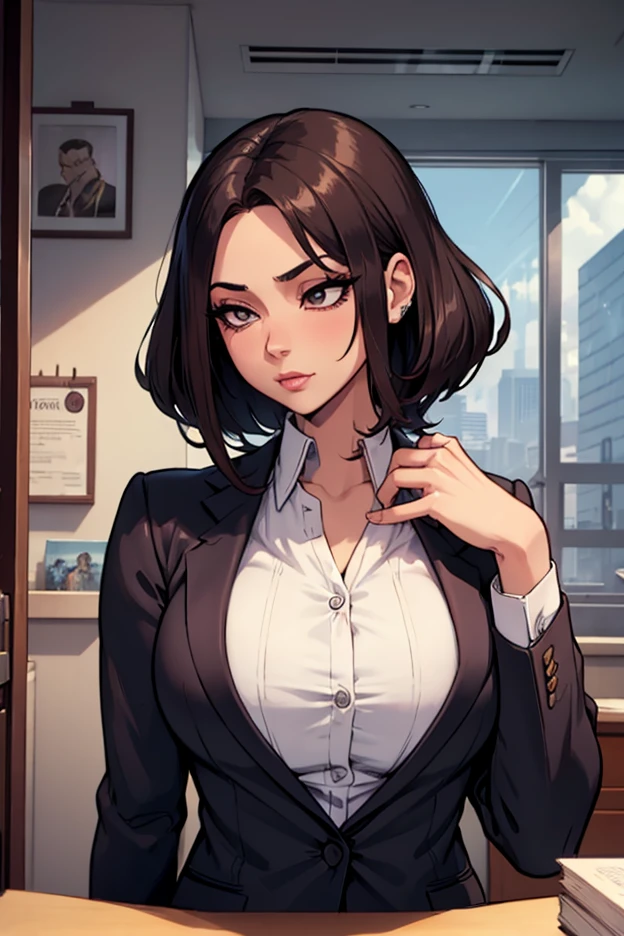 masterpiece, best quality, sunset, cowboy shot, mature woman, bob hairstyle, black hair, mature face, hot face, sharp eyes, medium breasts, curvy body, hazel eyes, business clothes, looking at viewer, very close to viewer, face to face, tough appearance, in the office
((looking serious),