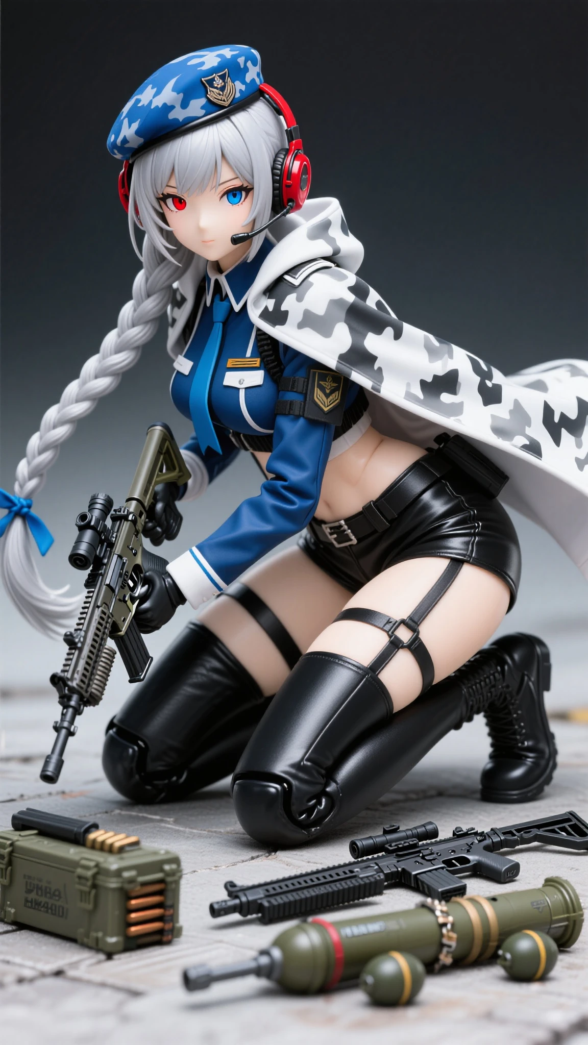 <lora:xl_pvc1.7-000004:1>,pvc,1girl, solo, long hair, thighhighs, hat, gloves, garter straps, kneeling, skirt, red eyes, hair ornament, black legwear, smile, uniform, military, military uniform, white hair, peaked cap, black gloves, boots, looking at viewer, hairclip, very long hair, belt, frills, silver hair, striped, armband, blush, frilled skirt, epaulettes, full body, zettai ryouiki, masterpiece, best quality,