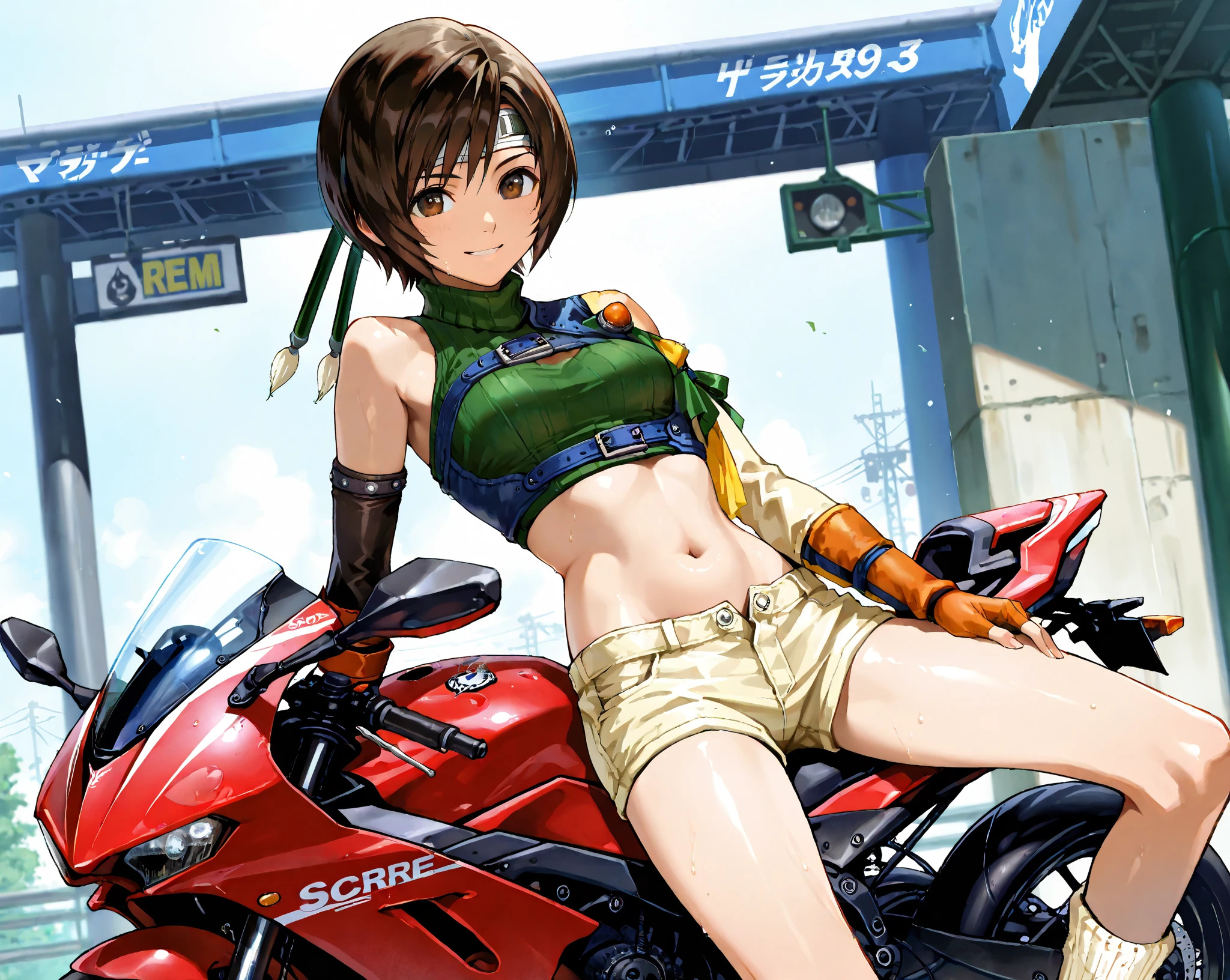 Motorcycle anime girl in short green mini skirt and green leather bra、Big breasts、Leather Costume、White silk panties、blured background、1girl in、Race Queen、Brown ponytail、ninjartist、bblurry、A smile、a navel、looking at the viewers、outside of house、Skindentation、tag、solofocus、The bikini、Brown-eyed、swim wears
