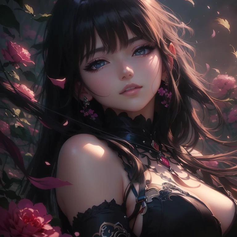 detailed eyes, detailed face, sidelighting, finely detailed beautiful gray eyes: 1.2), medium breast, realistic, glowing eyes,shiny hair,black hair,long long hair, lustrous skin, solo, embarassed,Strapless,exquisite,beautifly,garden,flowers,flying petals, bare legs, cherry blossom, cinematic light, cinematic composition, abundant expressions, full body