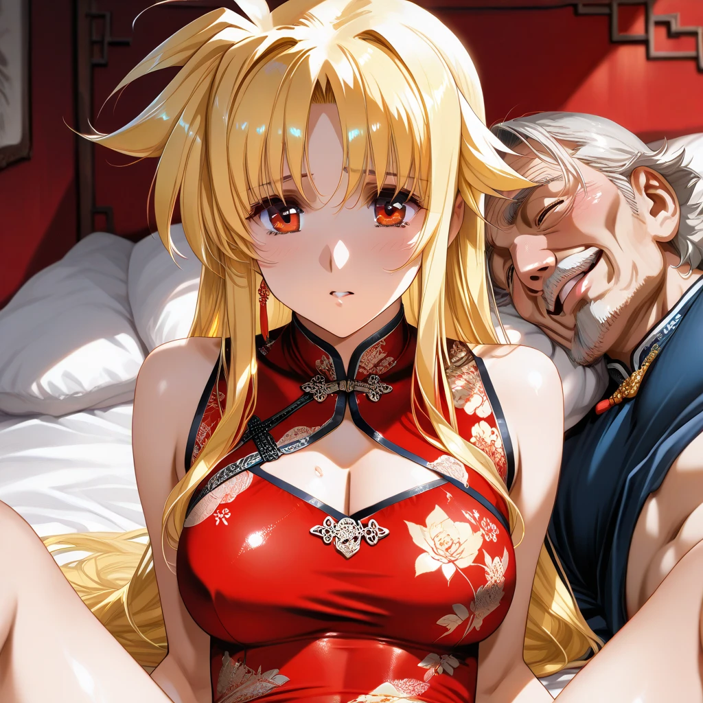 The woman is raped by naked men on a big bed and fucked so hard that a huge amount of semen comes out of her pussy.、((Highest quality)), ((masterpiece)), (detailed), （Perfect Face）、The woman is a Vietnamese thai woman, wearing a gorgeous and glittering ao dai, a traditional Vietnamese dress with gold embroidery, a gorgeous hair ornament, gorgeous jeweled accessories and an engagement ring, and is in a city in Vietnam.、The woman is an elegant Thai lady with green eyes and medium-long blonde hair. She is a Vietnamese Thai lady wearing an Ao Dai.
