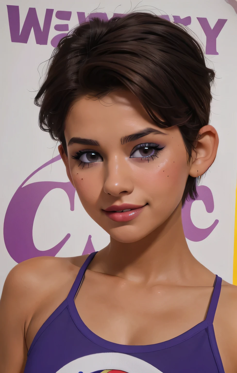 1 girl,departement_hay,lindo,beautiful blue eyes, detailed freckles on her cheeks and nose , small nose , beautiful smile ,shiny short hair , light brown hair , pixie haircut ,cable visible,hair between eyes, CCCPcartel, poster de hermosa modelo adolesente , American model, poster ,hay grandes , purple sleeveless tank top with a skull , cinturon blanco , purple checkered skirt, S, right hand gently touches her thigh , sexy photo position , playing electric guitar , full body in photo , makeup , red lips , purple eyeshadow , hay grandes