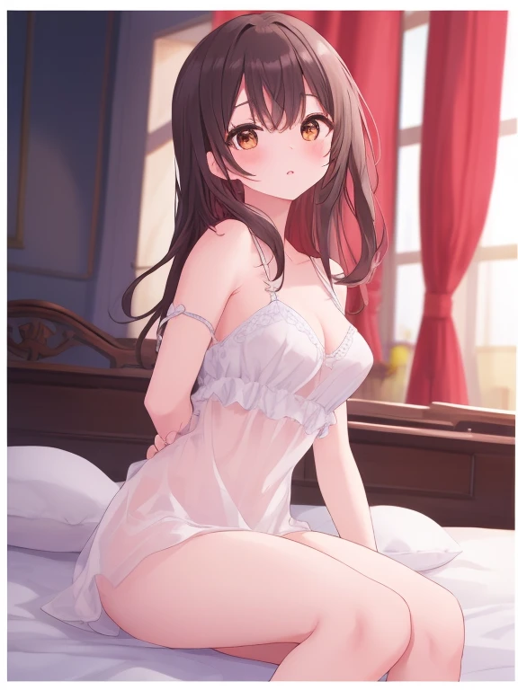 BREAK looking at viewer, BREAK (masterpiece:1.2), best quality, high resolution, unity 8k wallpaper, (illustration:0.8), (beautiful detailed eyes:1.6), extremely detailed face, perfect lighting, extremely detailed CG, (perfect hands, perfect anatomy),Miku Nakano, Miku Nakano Chick III, Long Hair, Bangs, Blue Eyes, Brown hair, Hair between the eyes,medium Breasts,skinny fit,long legs,thin legs,room,soft light,night,sexy lingerie,lace,pantyhose,full body,nipples see through,nipples,standing in middle,from behind,showing ass.