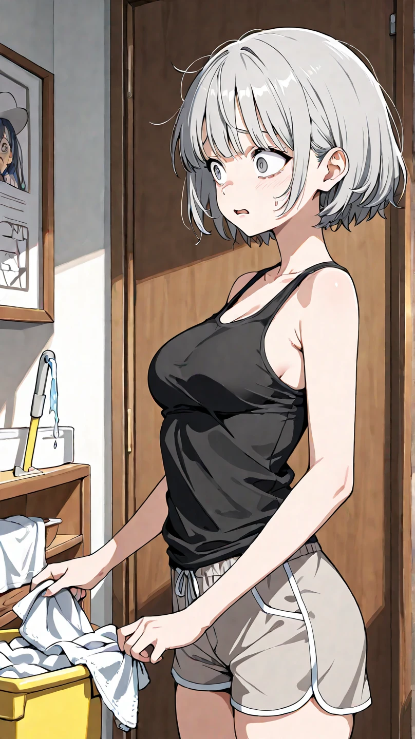 (masterpiece:1.2, best quality), (highly detailed:1.3), 1girl, medium hair, white hair, unkempt hair, braid, loose t-shirt, leaning forward, small breasts, nipple, extended downblouse,