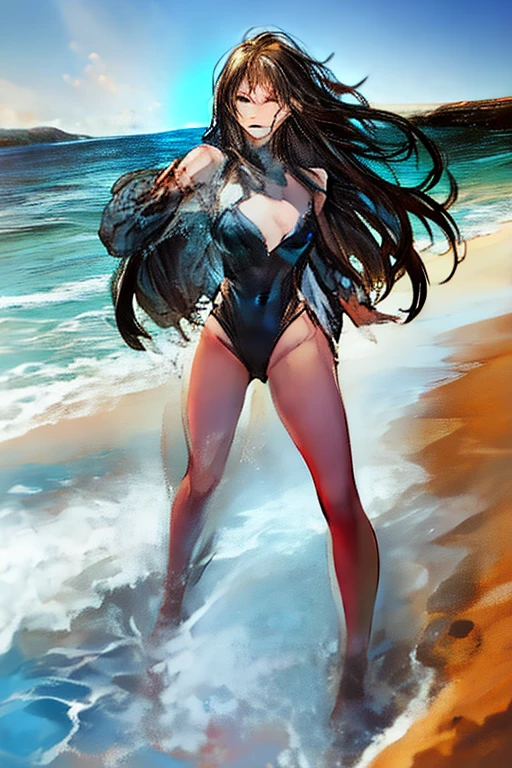 A black girl surfing in a sparkling, mystical ocean with the sun rising and with gorgeous and magnificent curly hair with confident purple eyes, goth, lights and shadows