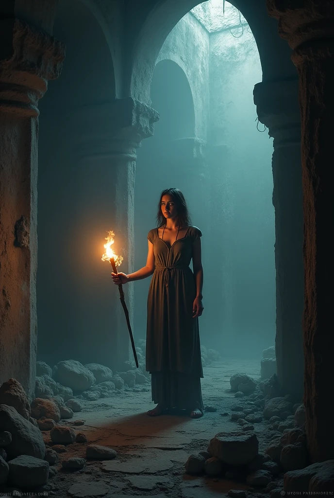 (RAW photo, realistic photo, high quality, masterpiece), Japanese beautiful woman stand in the heavy fog, the view is confused, she is holding a torch, dangerous atmosphere, skeletons on the ground, green corrosive fluids on ground and body, (her body outline only can be see from the fog), she is looking back 