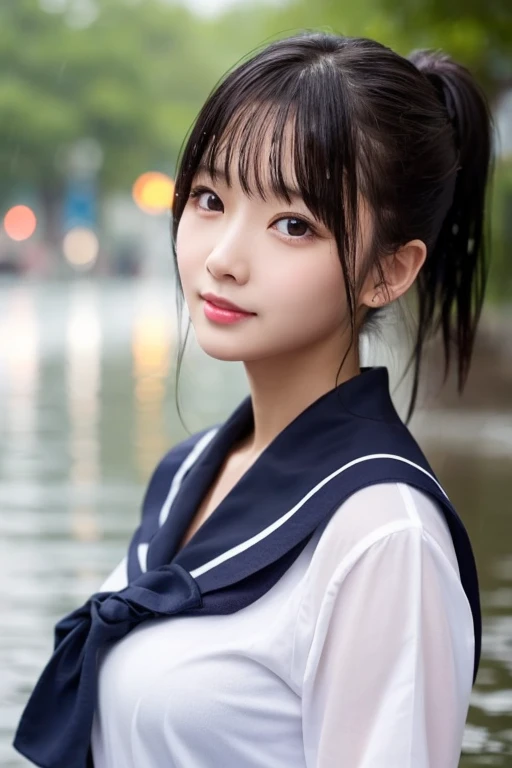 (One Girl), Very cute face, Great face and eyes, (Highly detailed eyes, Highly detailed face), Fresh, Very beautiful appearance, (Super realistic, High resolution), (highest quality:1.4), RAW Photos, (Realistic, Photorealistic:1.37), Professional photography , (wet see-through sailor suit:1.25) , (Cleavage:1.2) , Smile a little, (Look at me) , Portrait of a Girl , (Huge breasts:1.3) , (()) , (low ponytail hair) , (Nipples can be seen through the sailor suit:1.3) , (pussy juice:1.3) , (tilt your head slightly) , perfect nipples , ((nipples are pink)) , ((pink areola)) , (arms behind head:1.3) , (the man lick her nipple:1.4) , (cute face:1.2) , (young face:1.6)