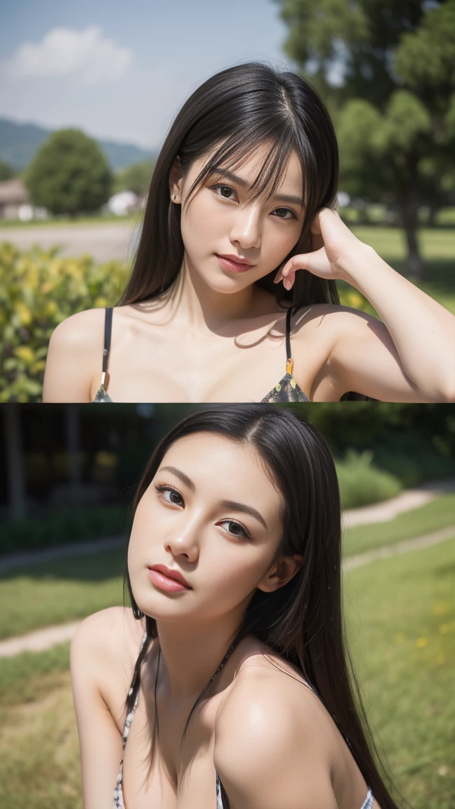 ((Top Quality, 8k, Masterpiece: 1.3)), Beauty, 1 Girl, Topless Swimsuit, Beautiful: 1.3, Slender Abs: 1.1, Dark Brown Hair, (Front, Upper Body, Cleavage: 1.2), Poolside, Ultra Detailed Face, Highly Detailed Lips, Detailed Eyes, Double Eyelids