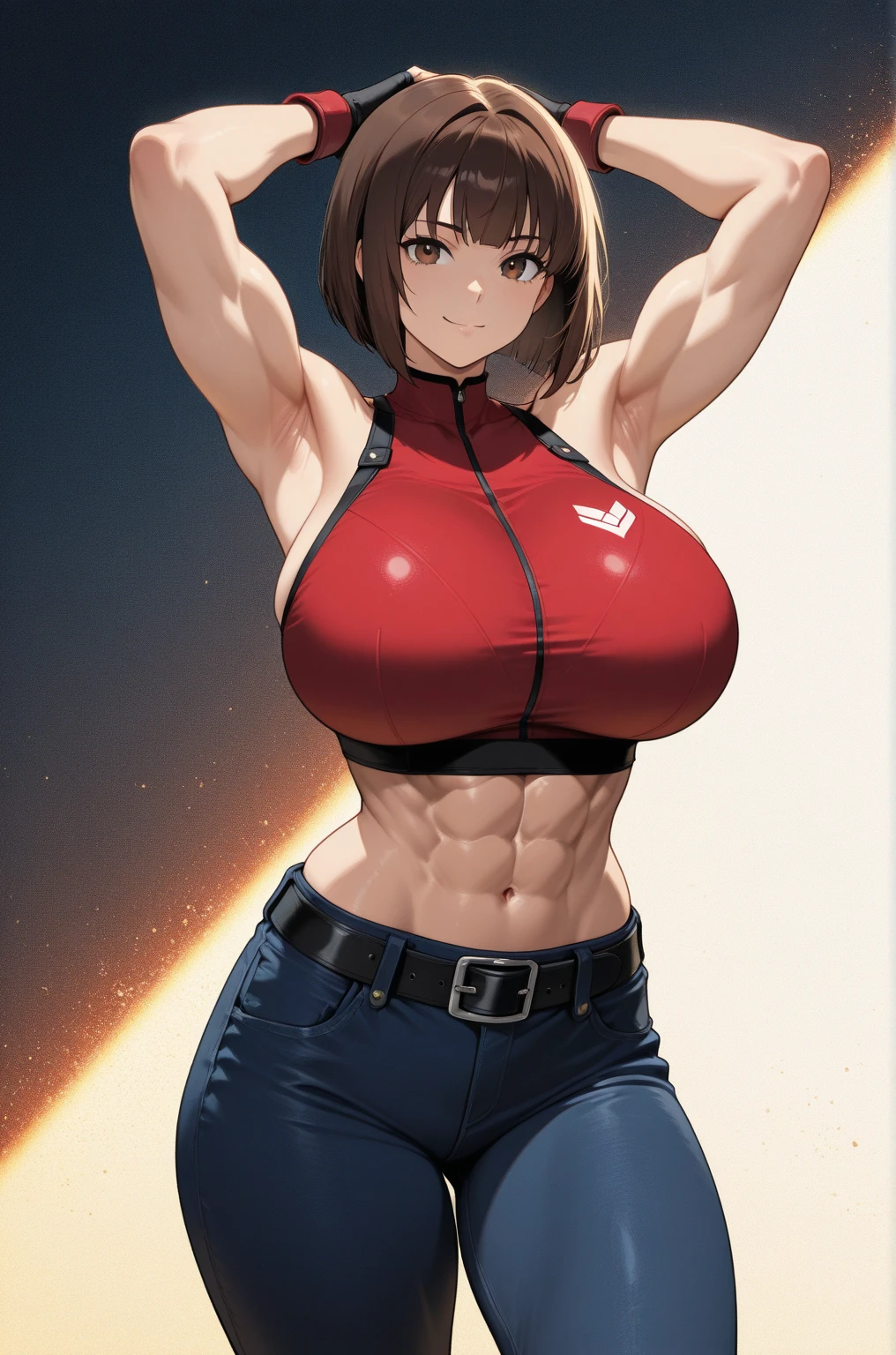 tall girl, (tube top: 1.3), (miniskirt: 1.3), pencil skirt, (orange outfit: 1.2), (huge breasts: 0.8), (abs and muscles: 1.05), pronounced breasts, narrow waist, (from thighs to head: 0.9), (1girl: 1.2), nice hands, perfect hands, smile, brown hair, brown eyes, short hair,