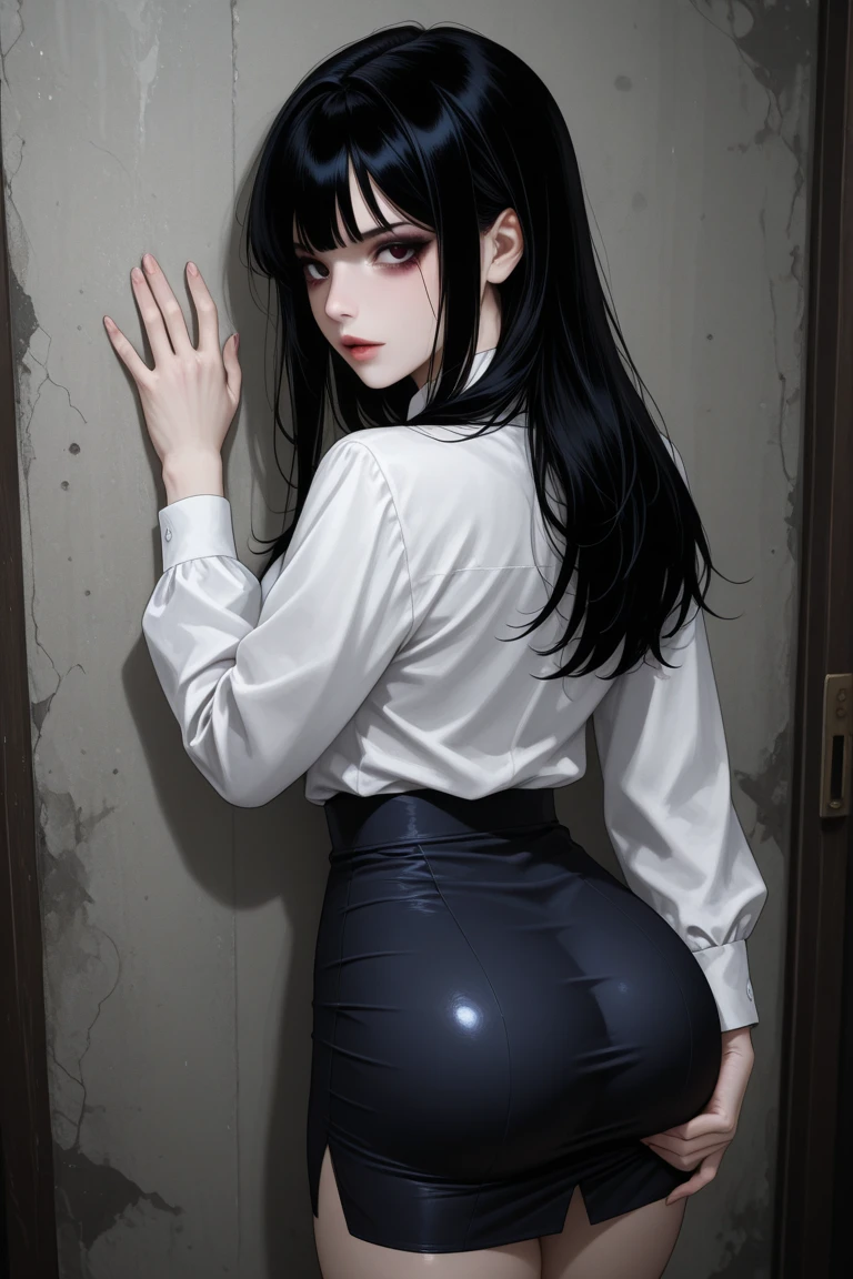 1woman Goth, Pale Porcelain Skin, Black Hair, long Hair, Black Eyes, Black Eyeshadow, Black Lipstick, Ear Piercings, Big Breasts, Smooth Skin, Wide Hips, Huge Ass, Soft Plump Thighs, Black miniskirt, black fishnet stockings, black croptop