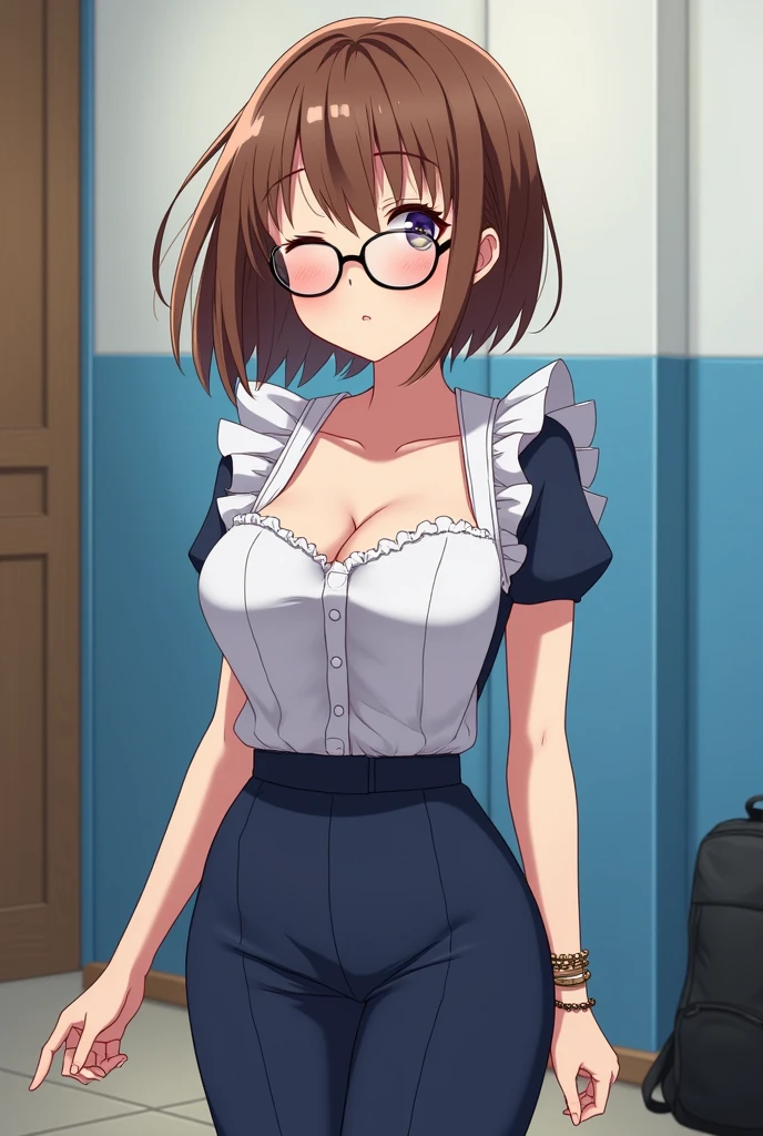 Koizumi hanayo, solo,playboy bunny leotard,glasses , standing , cowboy shot , smile 