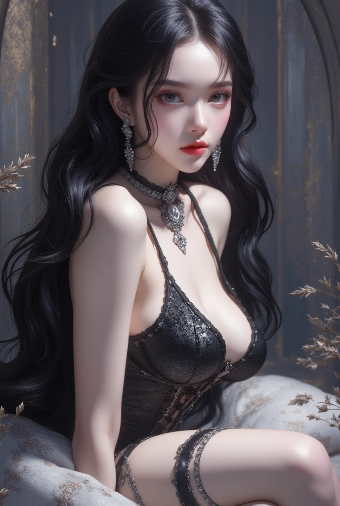Model: long wavy black hair, full dark lips, Smoky eyes, BREAK, Setting: Room with black light, Broken glass, Crystals reflect light, neon lights, BREAK, bodypaint: Polychromatic geometric patterns,Heart,nacre,glistering, Arms and legs, BREAK, Accessories: Chrome-plated chains with torn body, Silver Choker, black feathered white black wings, Naked, Topless, naked body,BREAK, the pose: on a bed,The head is tilted upwards, looking forward. wolf ears, Wolf.up close. The Oracle of Love. Energy. Sprout.