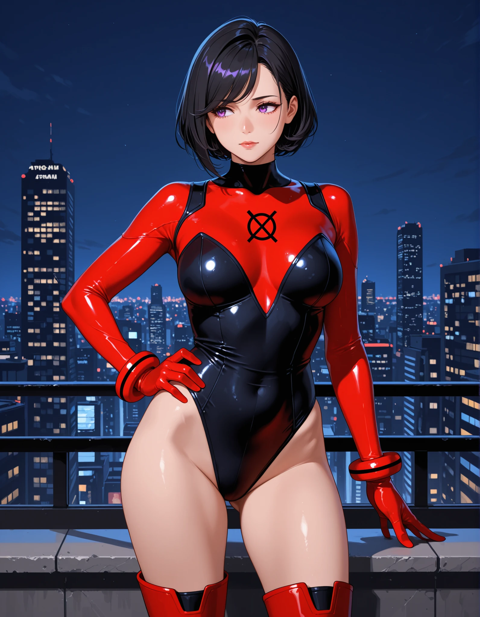 score_9, score_8_up, Oboro, 1girl, solo, hands on hips, futuristic city complex background, night, city lights, evil grin, purple short hair, bangs, eyeshadow, low ponytail, lipstick, makeup, red eyes, red micro bodysuit, fishnets, navel, thigh boots, gloves, cleavage