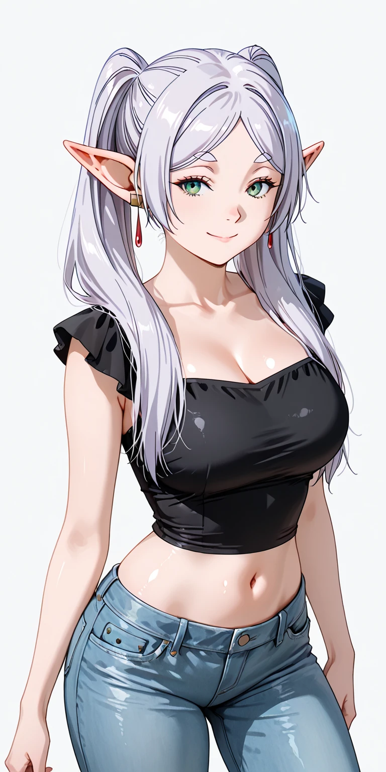 A woman who resembles model Rika Izumi in real life、She is cosplaying as Elizabeth from the anime The Seven Deadly Sins.、Hair color is silver、Blue Eyes、Please wear pink clothes that emphasize the bust and dark jeans that are quite short.。Please create an image that shows your whole body.。
