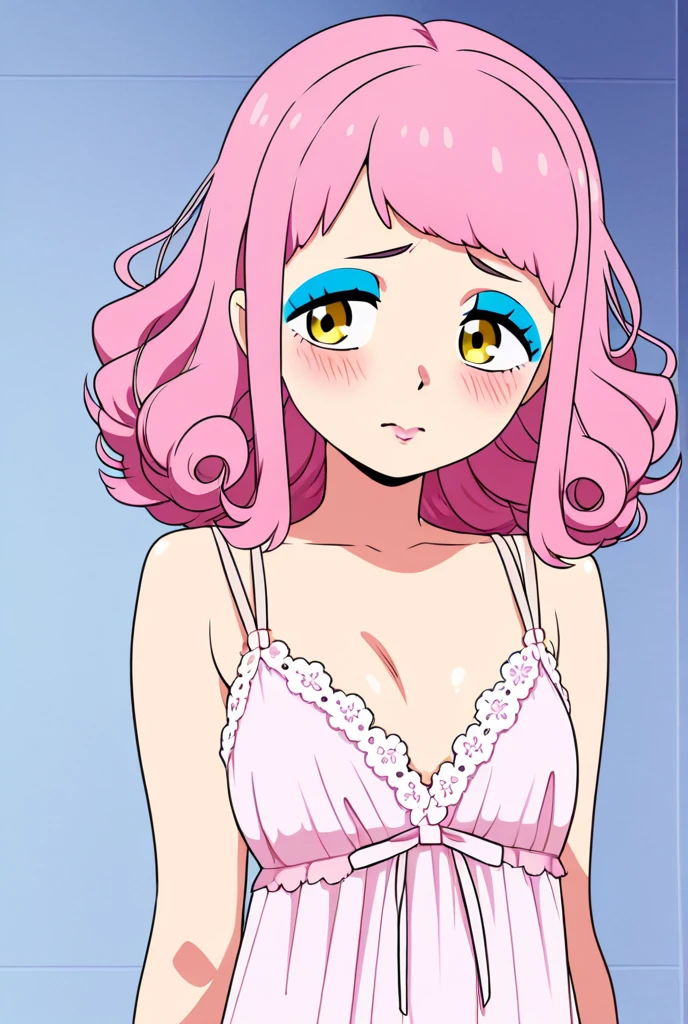 My hero academia, girl with curly pink hair green eyes and freckles, nsfw, pink lace lingerie