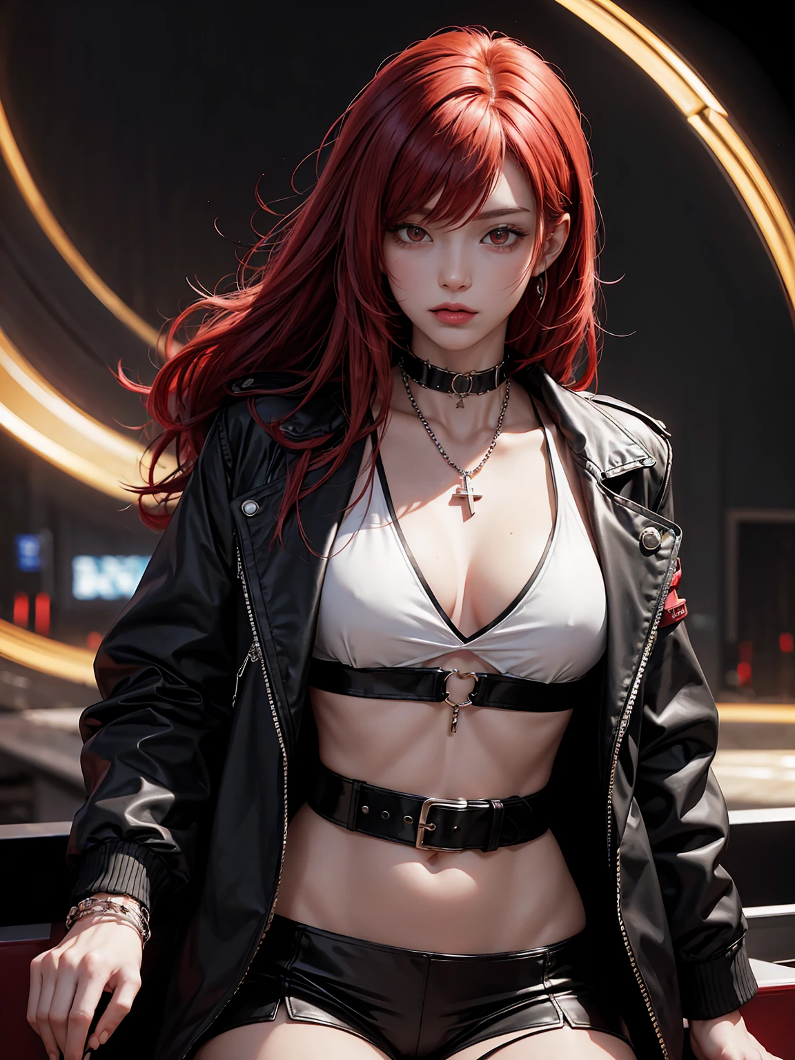 ((((7分身镜头)))),cowboy_shot,masterpiece, best quality,ultra-detailed, extremely detailed 16k CG wallpaper,beautiful face,(a esport mature demon in esport room),(perfect beautiful curvy figure),sitting,iridescent gem eyes,crescentic pupils, wearing resin holographic open coat,crop top overhang,mini Pleated skirt,Bell collar,logo,Iong hair,Contour light, concert, neon lights, audio, Bell collar,esports headphones,computer, esports room, playing games, white inside through the red skin,Holographic projection,planisphere,graffiti signs,highly detailed tattoo_,gothic,cyberpunk,fantasy,Science fiction,From the movie Matrix,Sparkling light flowing string,anti-magic three-dimensional protective shield,iridescetnt,stunning,chic,gorgeous,attractive,amazing,((((7分身镜头)))),cowboy_shot
创作信息