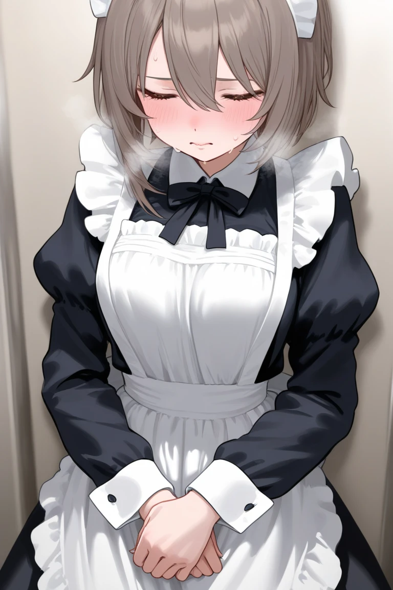 One girl with high twintail hair, bangs, white hair, blue inner hair:1.25) , purple eyes, blushing, embarrassed, serious expression, indoor, kitchen, cooking, maid dress, thigh, apron, mid-chest, day atmosphere, hair ornament, medium breasts, upper body, focus, blurry background