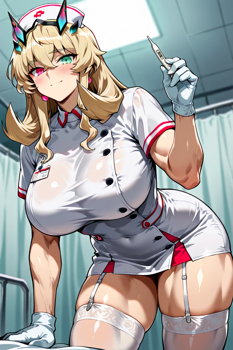 Masterpiece, Best quality, Realistic, Photorealistic, Great lighting, Ultra-detailed, Dynamic Angle, Perfect face, (Bright lighting:1.2),Beautiful detailed eyes, Extremely detailed face, Perfect lighting, 1girll, Black double tail hair, Glasses, White nurse costume, white nurse hat, Stockings, High-heeled shoes, ((Black panties, Carmelto)), composition looking up from below, Room, Bed, (M legs, crouched), lifting up skirt, Sweaty, Wet body, Navel out, Thighs sticking out, Butt hole buttocks, Large of breast, Slim, Slender, Translucent body, Transparent, Embarrassed expression, Blush,