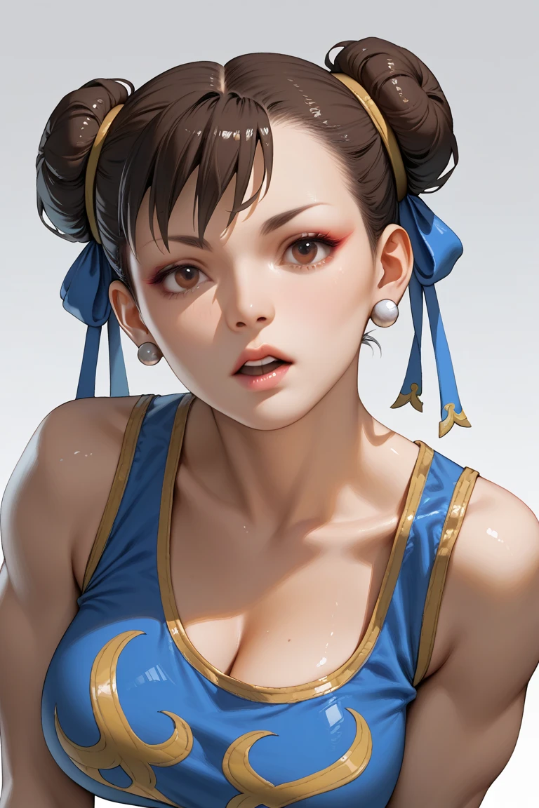 A masterpiece, high resolution, 4K,8K, perfect ???????, bright sexy blue top and black leggings, wearing long leggings on only right leg side, string panties, ((sweating)), the background is a building advertisement with dazzling neon light, ((sexy body)) , ((sexy face Chun-Li)), (standing posture),athlete, Chun-li in street fighter’ character, extra digit, bad hands, 1girl, upper body, front view, stylish pose, looking at viewer, good applying makeup, (((small breasts))), cleavage, midriff peek, glistening skin, nightclub background,Delete everything except the character
