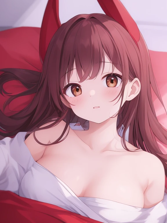power,(A white border around a red rectangular background:2.5),head looking up,lie on one's side,Expose the back,ahegao face,C cup,whitesweater,High detail,Moles under eyes, Heart-shaped pupils,Love pupils,cropped shoulders,Lots of hearts,Fleshy thighs,highly rendered,detailed face with