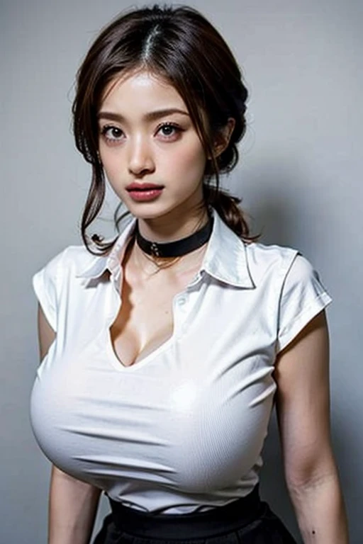 Beautiful Face, (Purelos Face_v1: 1.0), Half Body,((White simple background)), Front lighting, Intricate details, Exquisite detail and texture, One girl, alone ,(young), Facial highlights, Upper Body, Detailed face, (((Natural big breasts:1.4))),(((Opaque T-shirt))),(((The T-shirt covers the chest)))