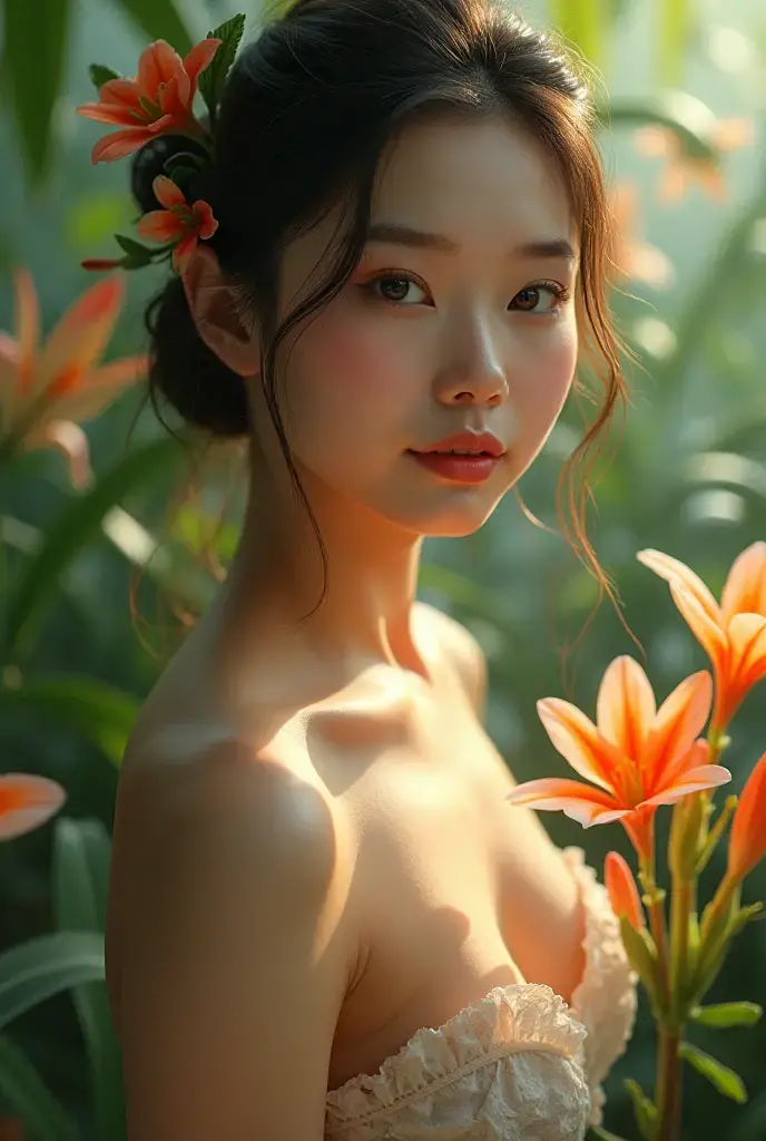 a beauty girl, fullnude、skinny, Summer flower garden、18year old