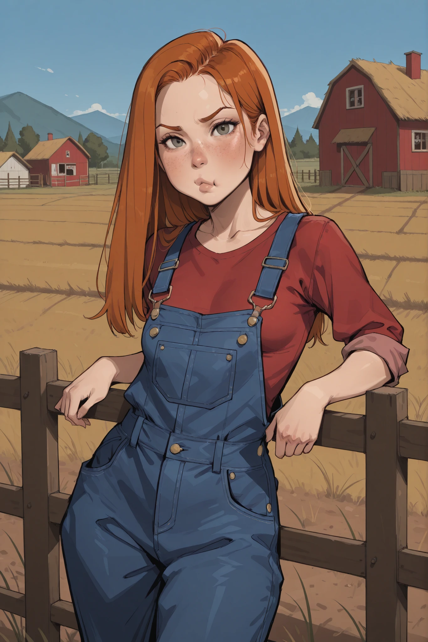 1 ginger girl, long straight hair, lip pout, voluptuous, small breasts, freckles, red shirt, denim overalls, farm, look at viewer, leaning against fence