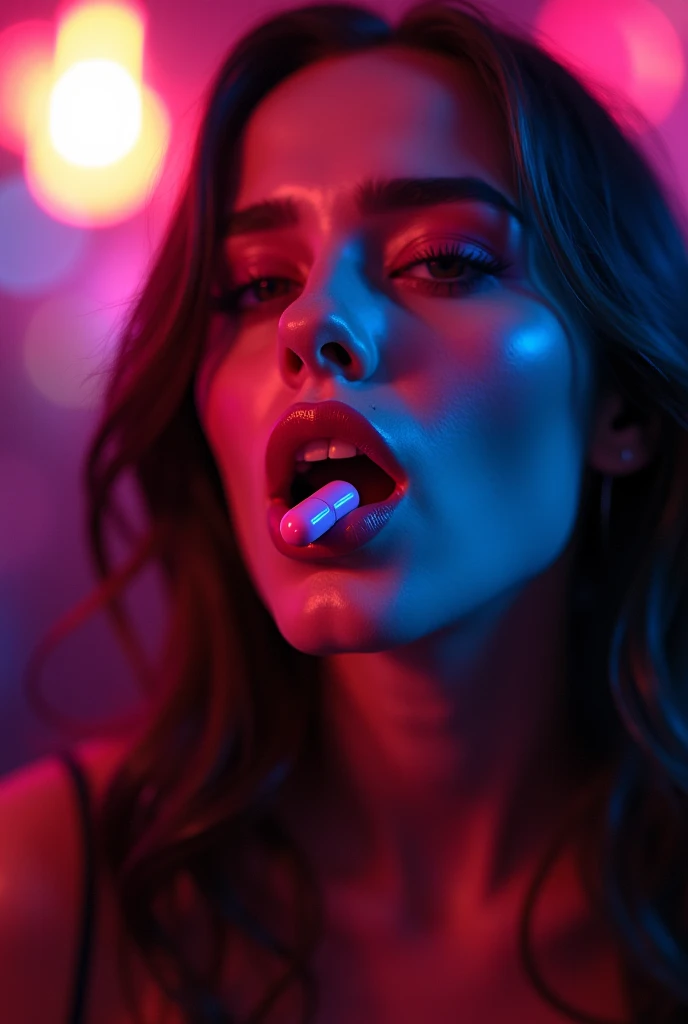 a sexy girl, sticking out tongue, dripping perspiration, , lying in bed, ultra detailed, naked, , inside a sinister room, at night, neon lighting, cinematic ultrarealistic, hyperreal, 4k, top-down view
